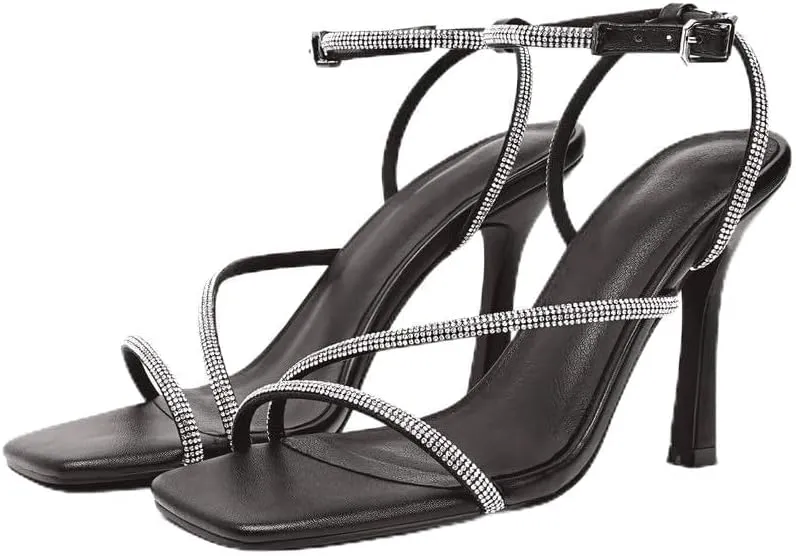 sexytag Women's Sparkly Heels Rhinestone Square Open Toe Ankle Strap Stiletto Heel Sandals