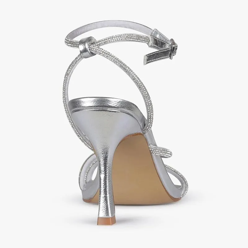 sexytag Women's Sparkly Heels Rhinestone Square Open Toe Ankle Strap Stiletto Heel Sandals
