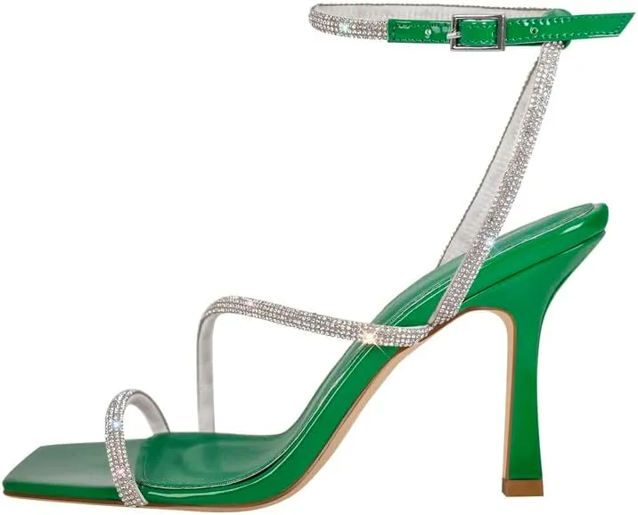 sexytag Women's Sparkly Heels Rhinestone Square Open Toe Ankle Strap Stiletto Heel Sandals