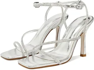 sexytag Women's Sparkly Heels Rhinestone Square Open Toe Ankle Strap Stiletto Heel Sandals
