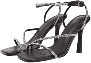 sexytag Women's Sparkly Heels Rhinestone Square Open Toe Ankle Strap Stiletto Heel Sandals