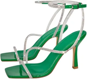 sexytag Women's Sparkly Heels Rhinestone Square Open Toe Ankle Strap Stiletto Heel Sandals