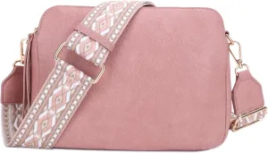 SG SUGU Triple Compartment Crossbody Bag for Women Trendy Vegan Leather Shoulder Bag with 2 inch Wide Guitar Strap