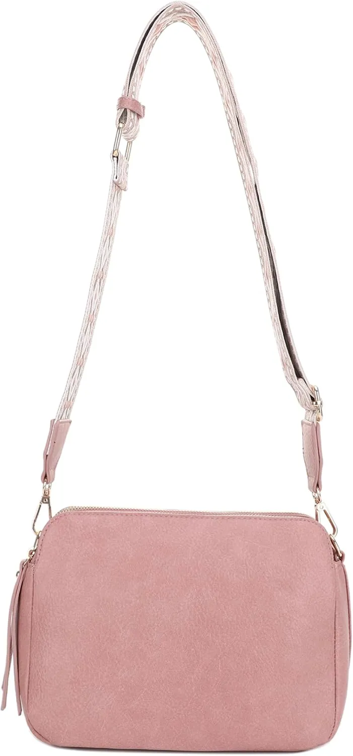 SG SUGU Triple Compartment Crossbody Bag for Women Trendy Vegan Leather Shoulder Bag with 2 inch Wide Guitar Strap