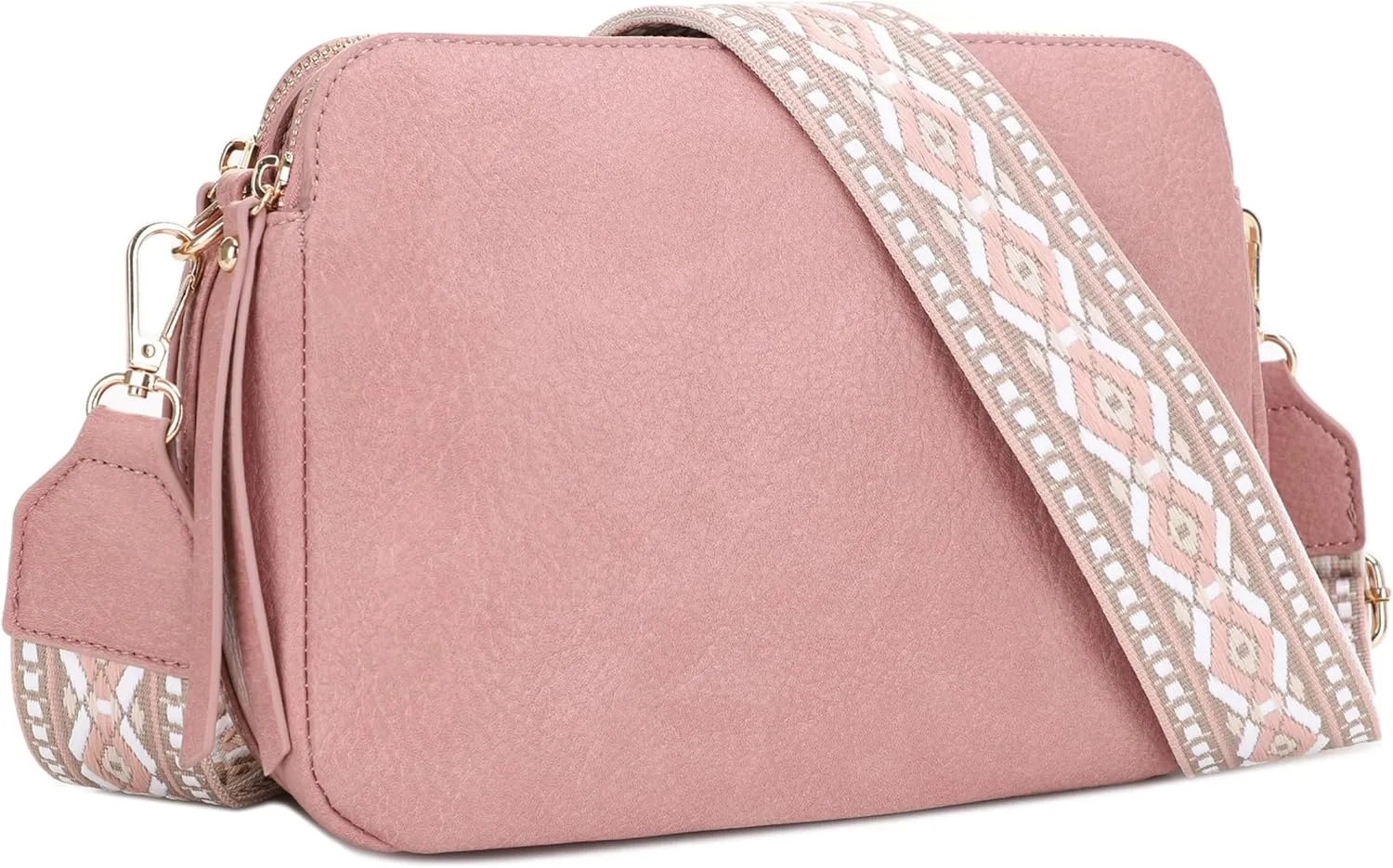 SG SUGU Triple Compartment Crossbody Bag for Women Trendy Vegan Leather Shoulder Bag with 2 inch Wide Guitar Strap