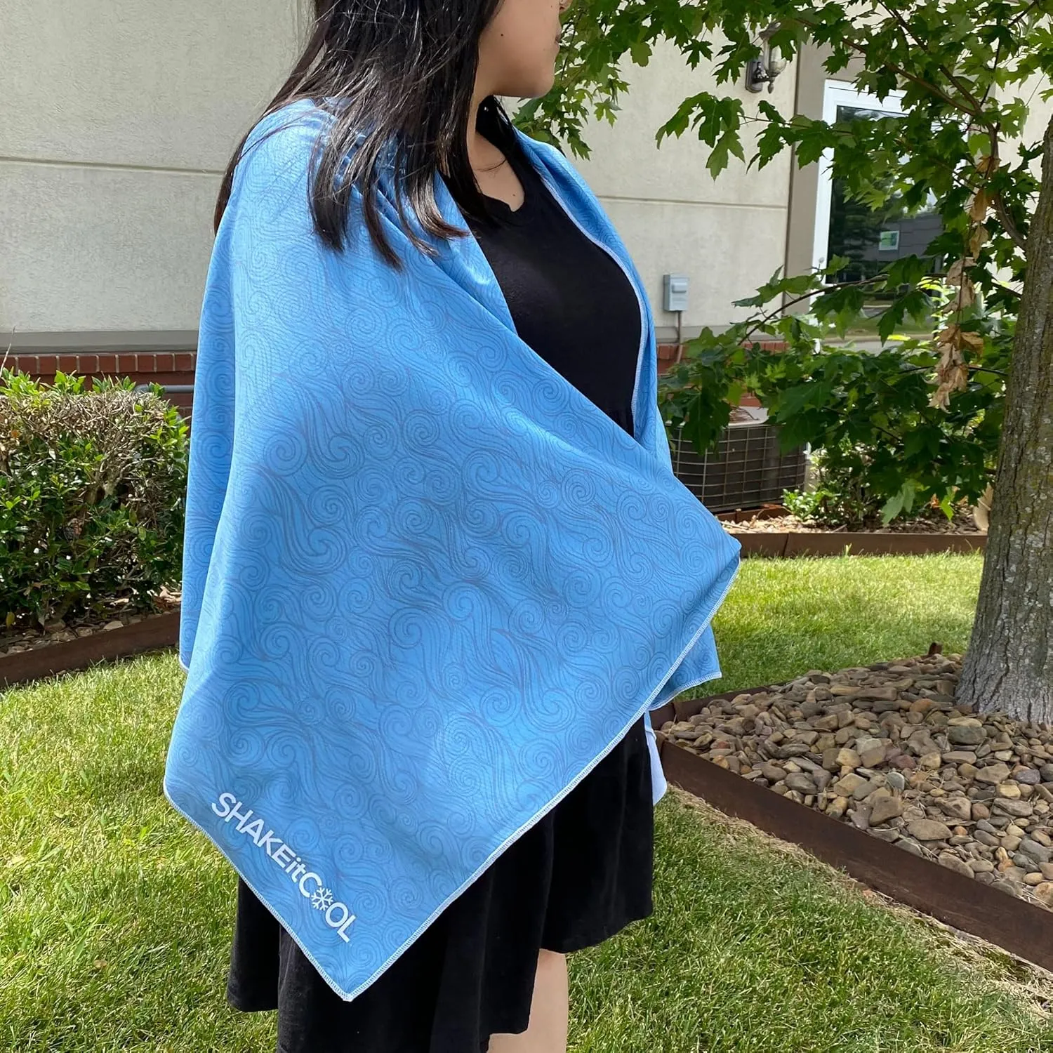 SHAKEitCOOL Large Cooling Shawl - Instant Heat Relief for Outdoor Events - Soft, Lightweight, Breathable, UPF40 Sun Protection, Machine Washable, Fashion Prints, Cooling Towel - Curly Wave L