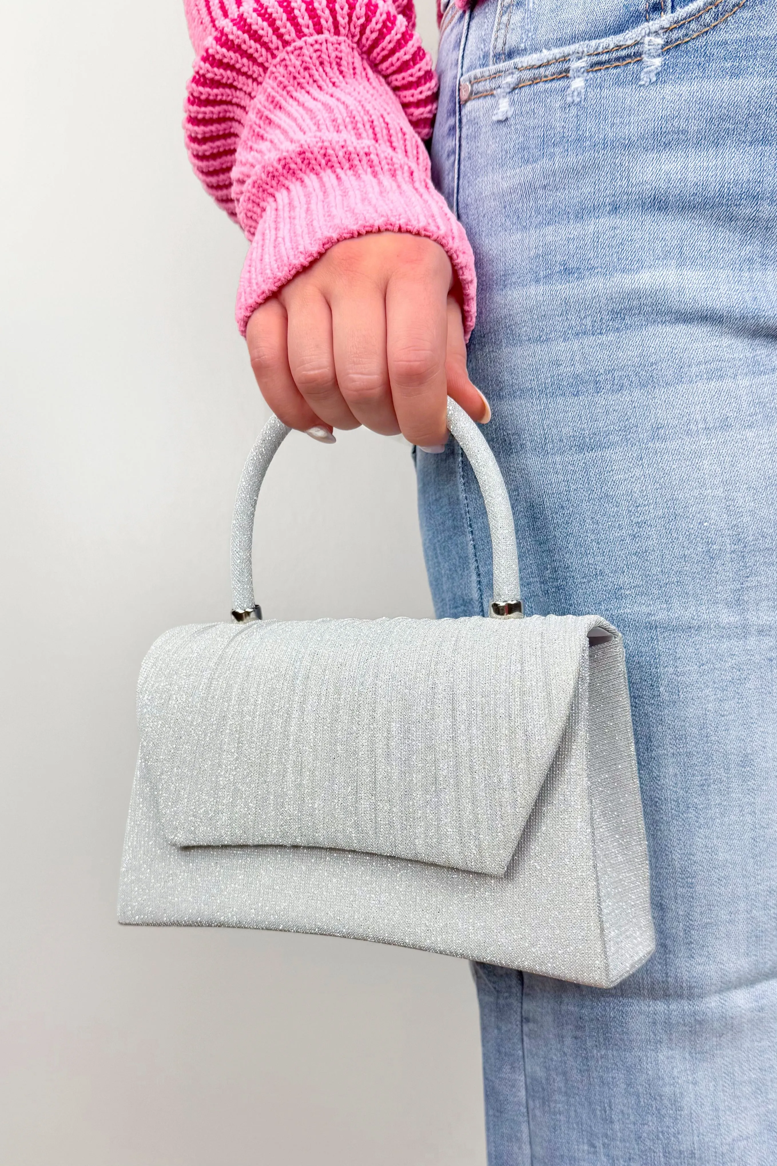 Shining Spirits Sparkly Pleated Crossbody Mini Bag in Silver