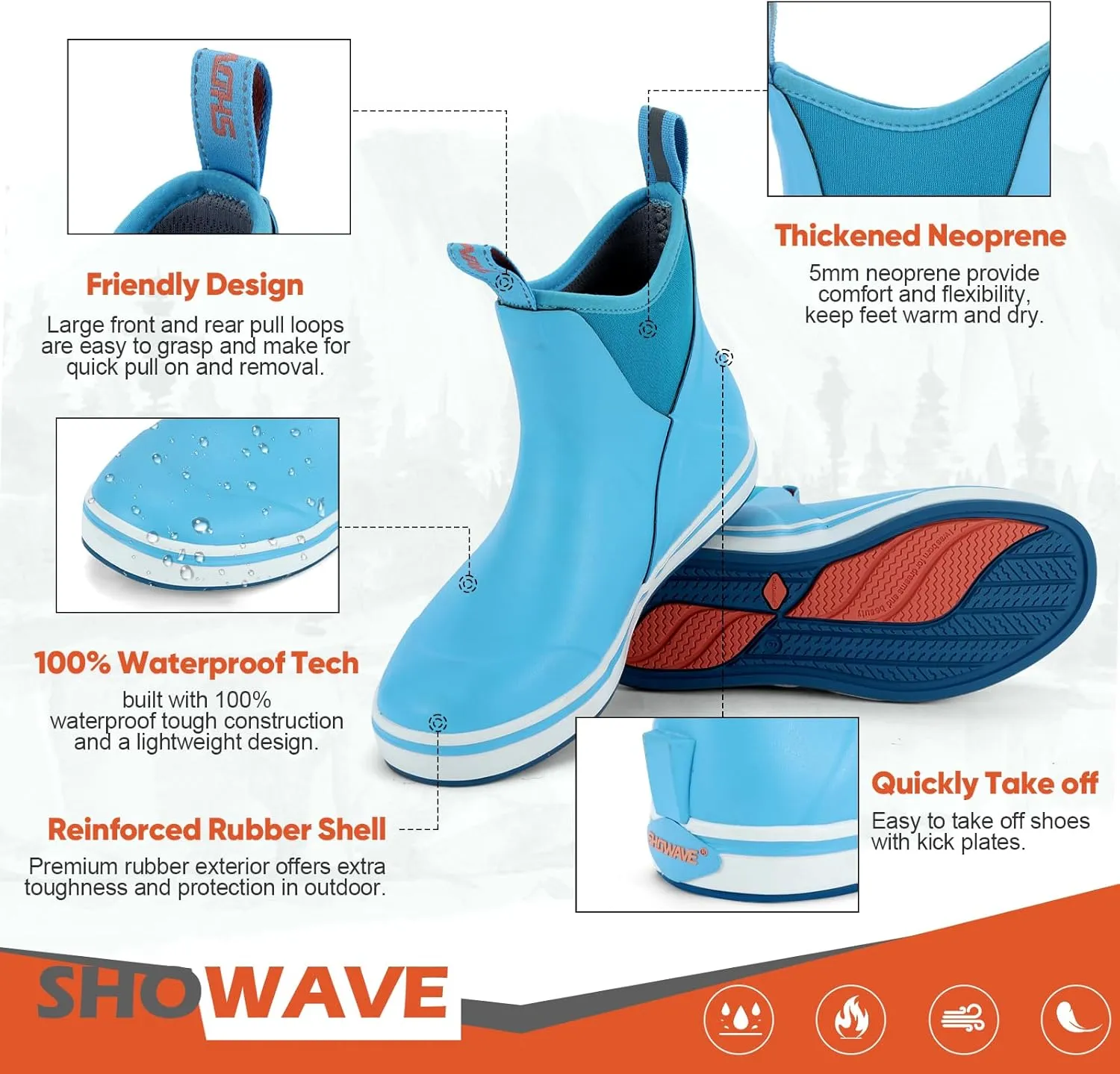 Showave Women's Deck Boots Waterproof Ankle Rain Footwear Non-Slip Rubber Boots for Boating Fishing Gardening Farming