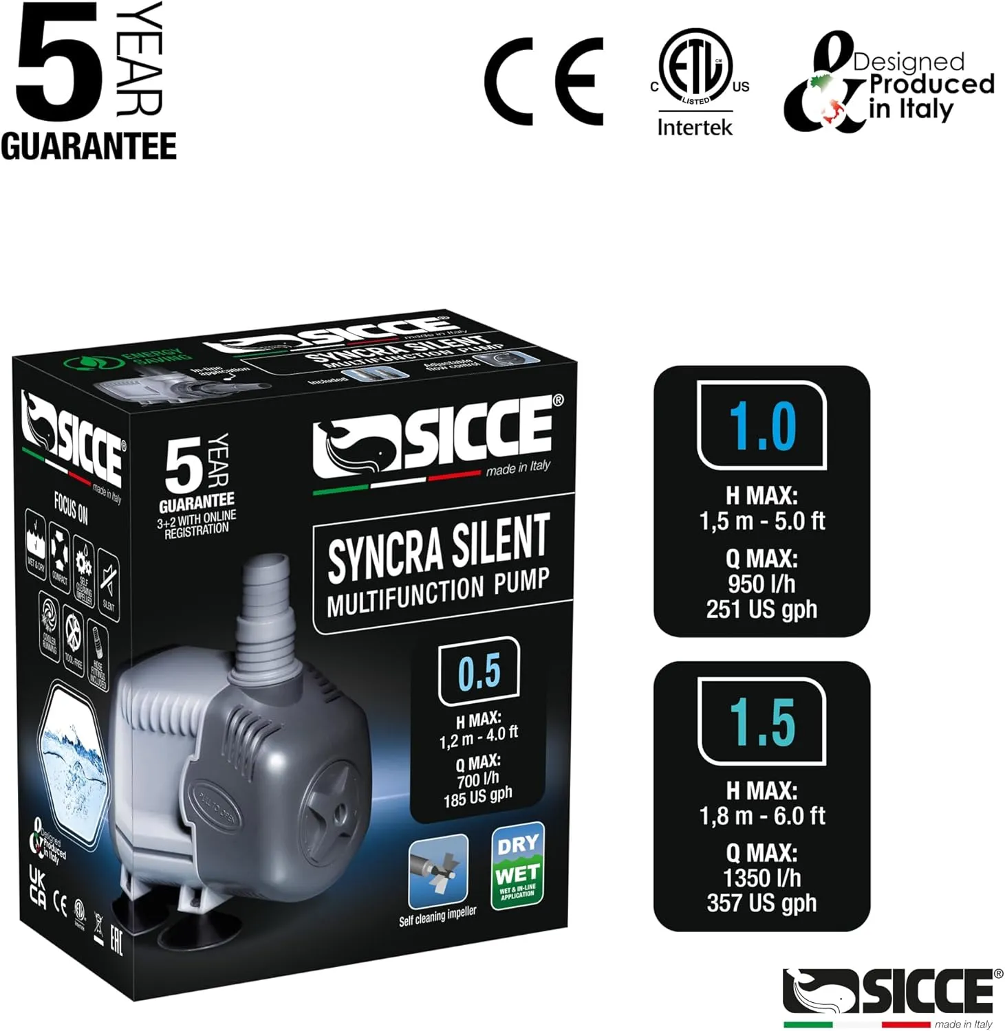 SICCE Syncra Silent 1.0 Multifunction 251 GPH Submersible Water Pump | Italian Made 16W Ultra Quiet Durable Aquarium Fish Tank, Fountain, Pond, Hydroponics, Terrarium Black | Freshwater & Saltwater