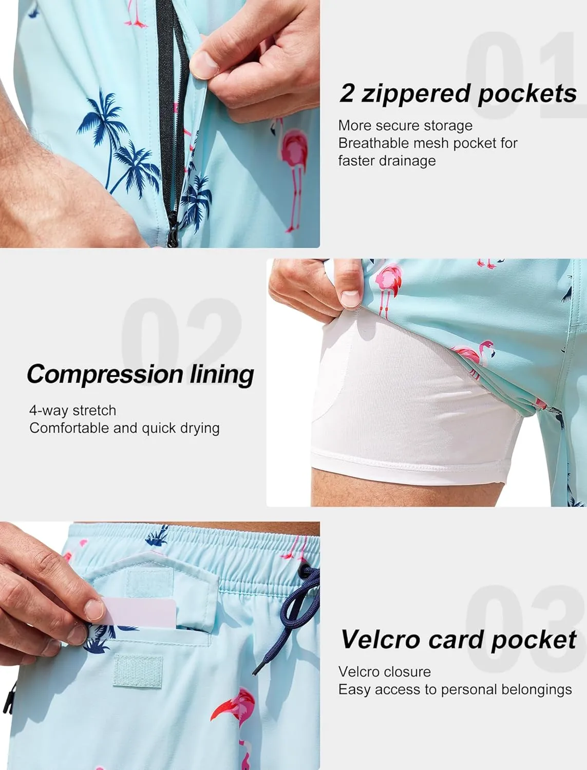 SILKWORLD Mens Swim Trunks with Compression Quick Dry Bathing Suit 6" Swimming Shorts Stretch with Zipper Pockets