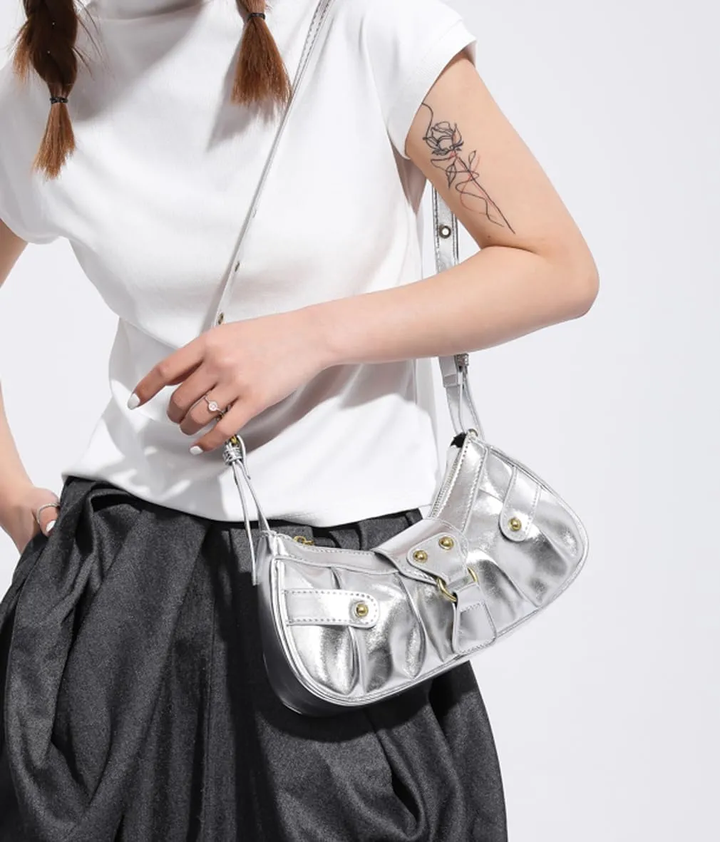 Silver Crossbody Purse Y2K Metallic Shoulder Bags for Women Leather Punk Saddle Hobo Purses