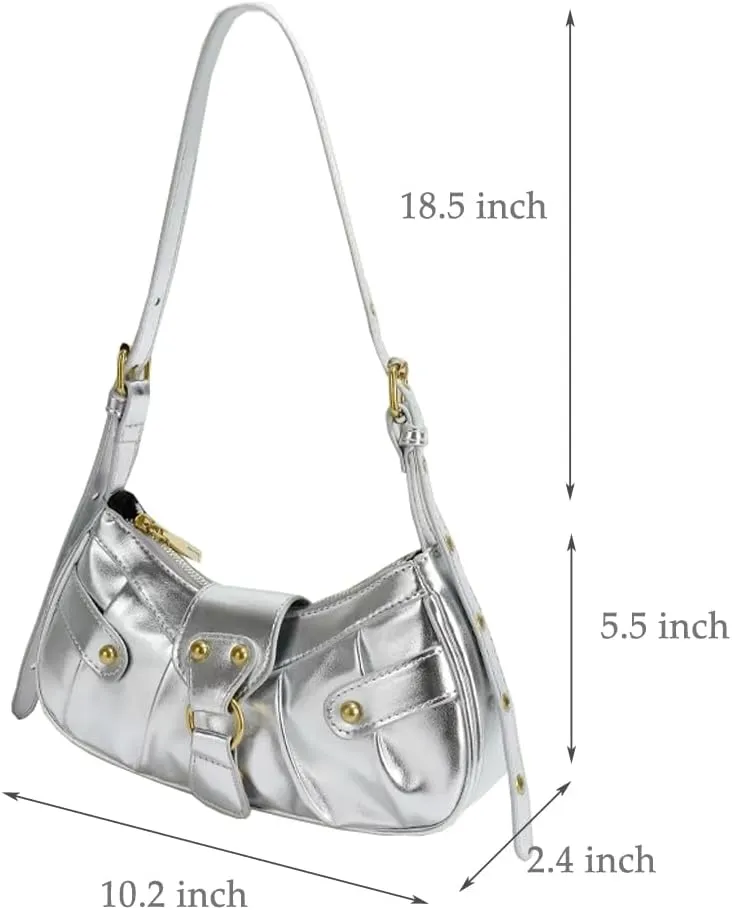 Silver Crossbody Purse Y2K Metallic Shoulder Bags for Women Leather Punk Saddle Hobo Purses