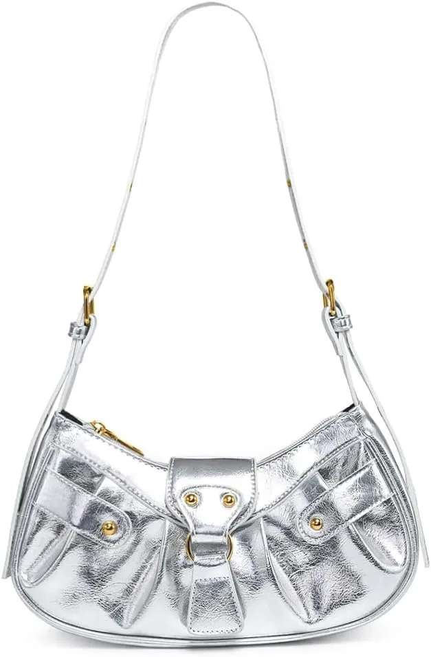 Silver Crossbody Purse Y2K Metallic Shoulder Bags for Women Leather Punk Saddle Hobo Purses