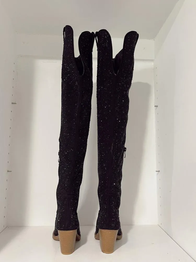 Silver Sparkly Rhinestone Round Toe Zipper Slanted Heel Western Over-Knee Tall Boots