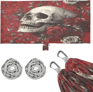 Skull and Roses Camping Hammock, Single Portable Hammocks with Tree Straps & Attached Carry Bag, 330Lbs Capacity Perfect for Outside Indoor Hiking Beach Backpack Travel