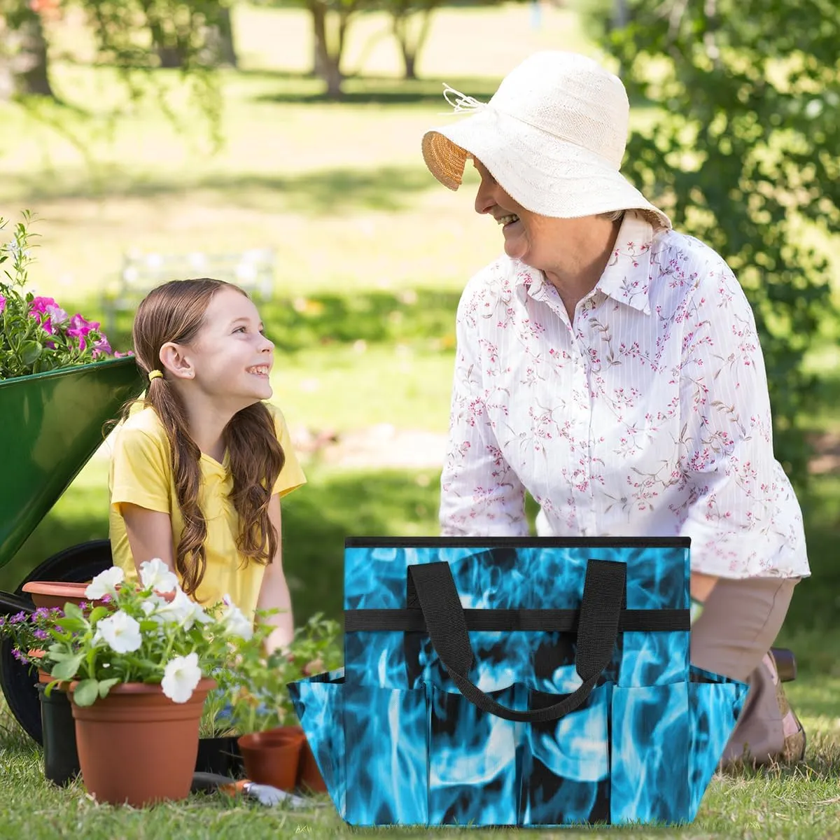 Skull Emerge Blue Fire Garden Tool Tote Bag for Women Men Gardening Tool Storage Bags with 10 Pockets Standable Garden Home Tool Kits Organizer for Indoor Outdoor Gardening Gifts
