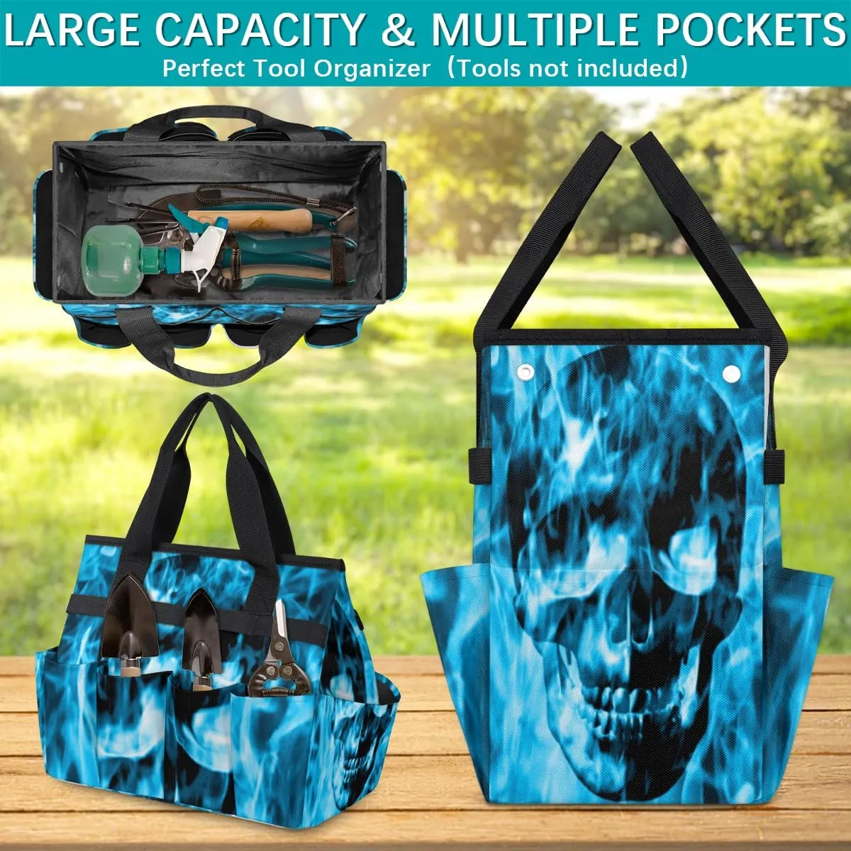 Skull Emerge Blue Fire Garden Tool Tote Bag for Women Men Gardening Tool Storage Bags with 10 Pockets Standable Garden Home Tool Kits Organizer for Indoor Outdoor Gardening Gifts