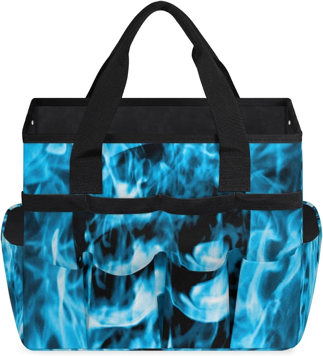 Skull Emerge Blue Fire Garden Tool Tote Bag for Women Men Gardening Tool Storage Bags with 10 Pockets Standable Garden Home Tool Kits Organizer for Indoor Outdoor Gardening Gifts