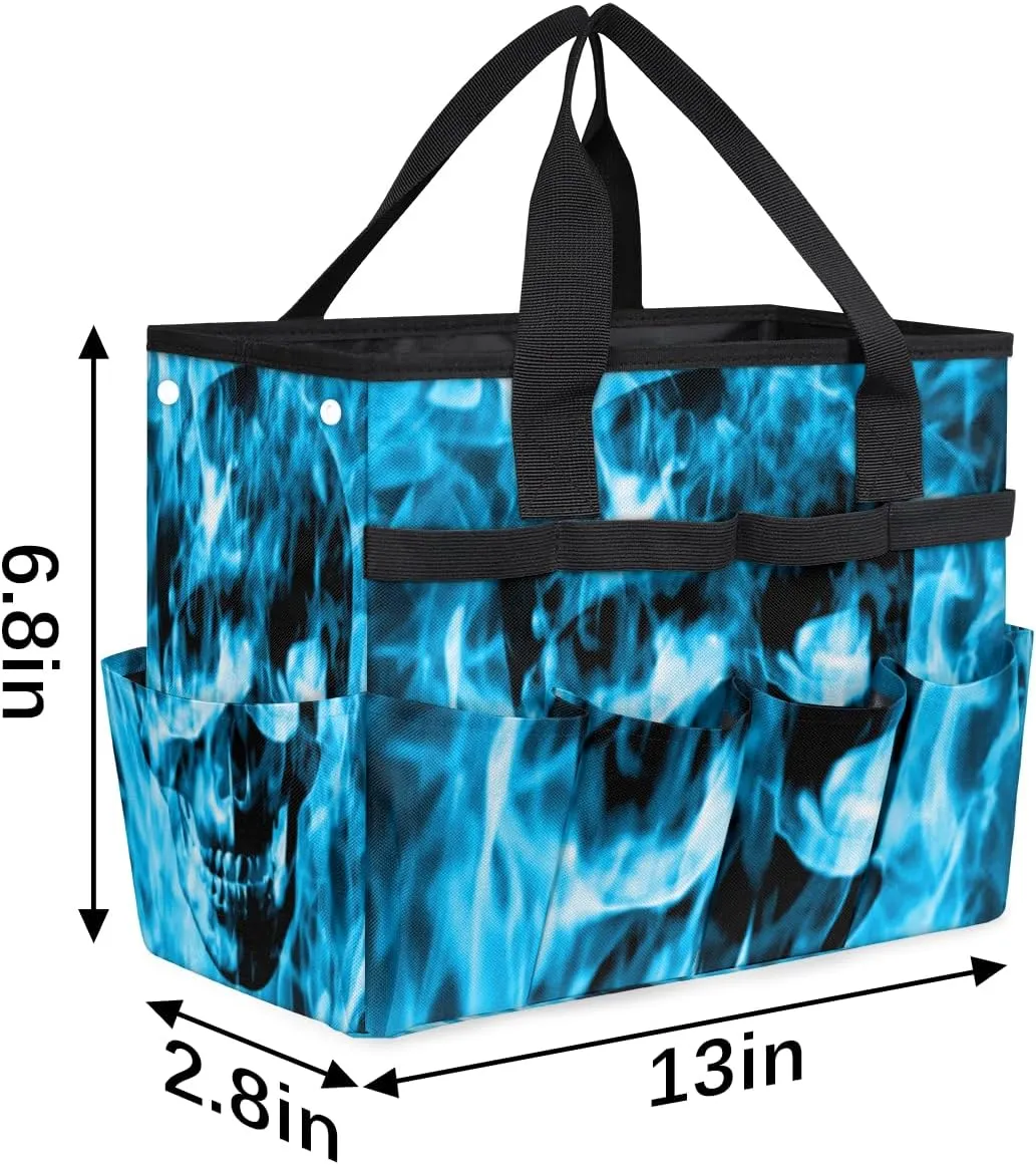 Skull Emerge Blue Fire Garden Tool Tote Bag for Women Men Gardening Tool Storage Bags with 10 Pockets Standable Garden Home Tool Kits Organizer for Indoor Outdoor Gardening Gifts