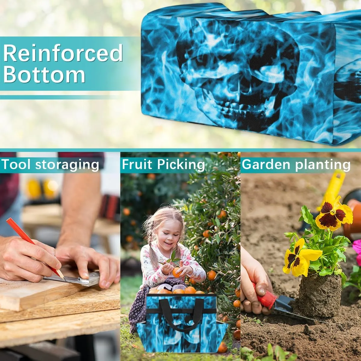Skull Emerge Blue Fire Garden Tool Tote Bag for Women Men Gardening Tool Storage Bags with 10 Pockets Standable Garden Home Tool Kits Organizer for Indoor Outdoor Gardening Gifts
