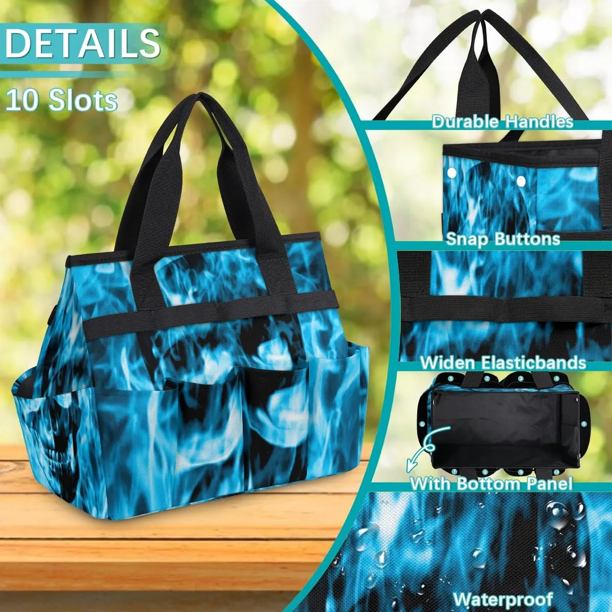Skull Emerge Blue Fire Garden Tool Tote Bag for Women Men Gardening Tool Storage Bags with 10 Pockets Standable Garden Home Tool Kits Organizer for Indoor Outdoor Gardening Gifts