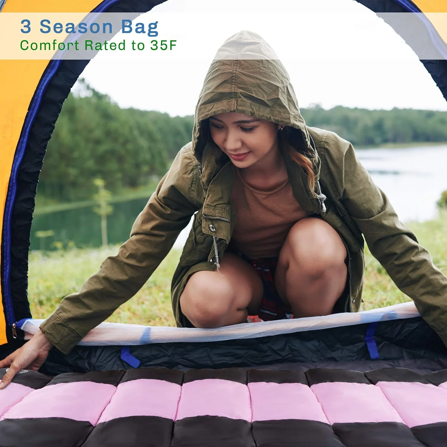 Sleeping Bag – 35F Rated 3 Season Envelope Style with Hood for Outdoor Camping, Backpacking and Hiking with Carry Bag by Wakeman Outdoors (Pink/Black)