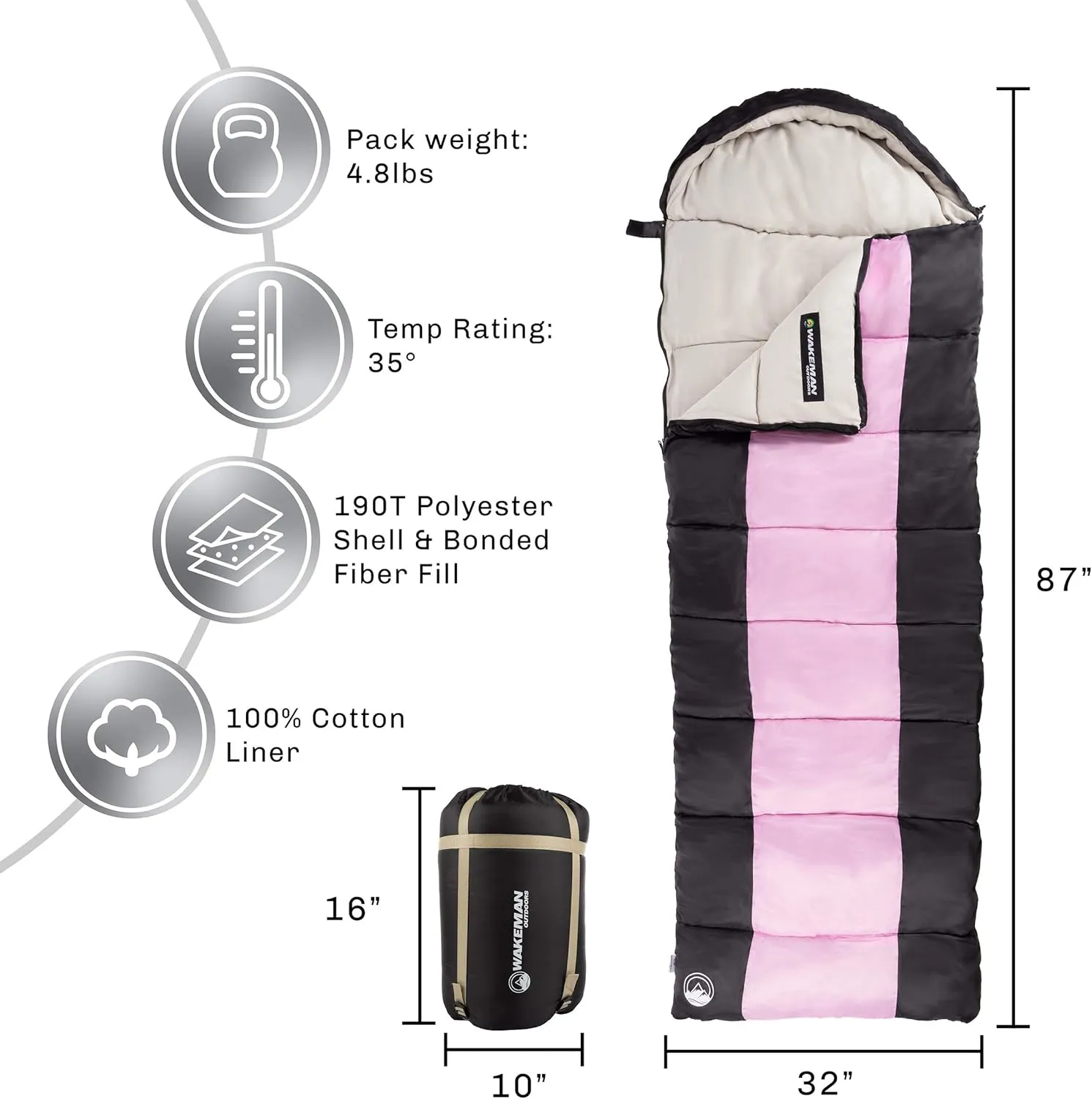 Sleeping Bag – 35F Rated 3 Season Envelope Style with Hood for Outdoor Camping, Backpacking and Hiking with Carry Bag by Wakeman Outdoors (Pink/Black)