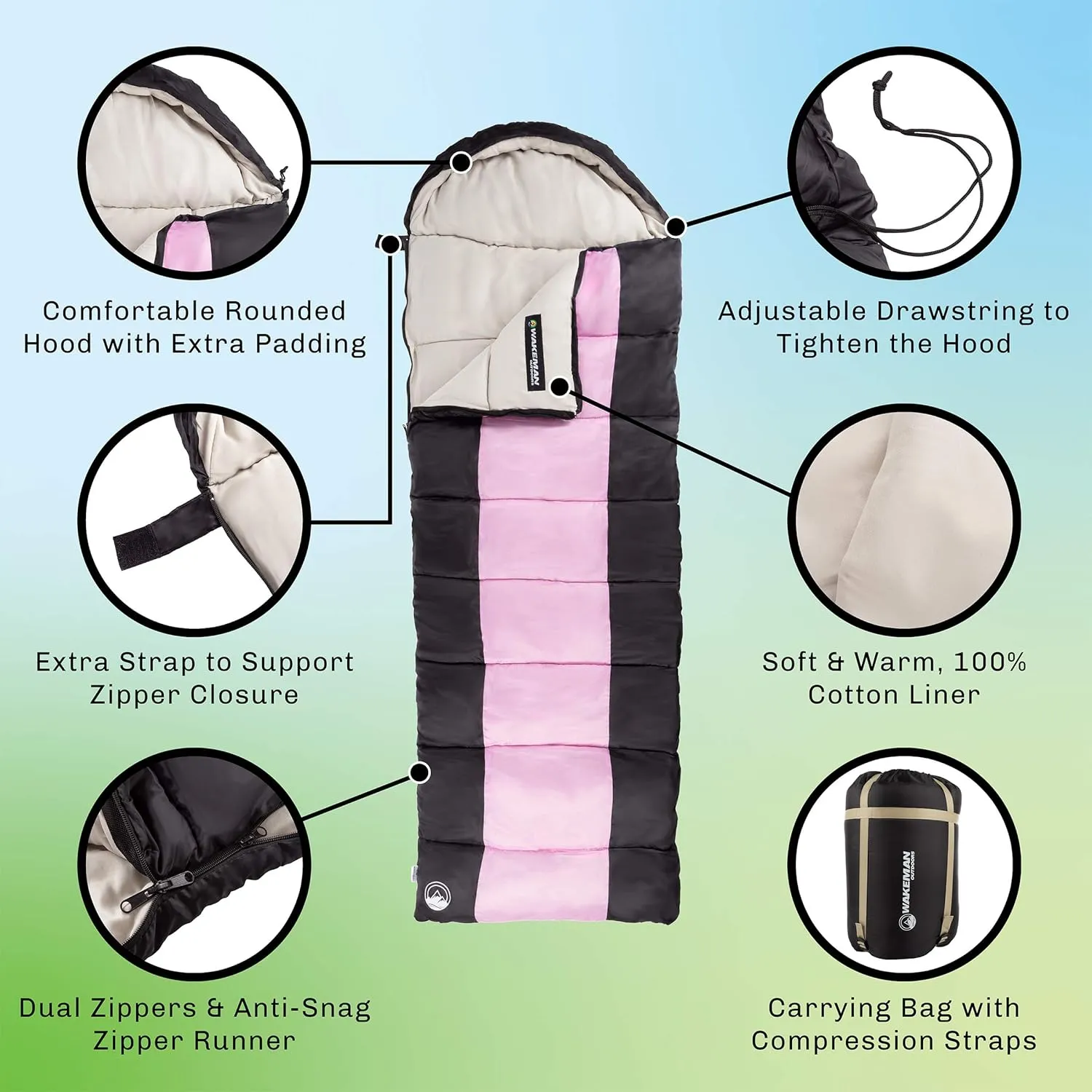 Sleeping Bag – 35F Rated 3 Season Envelope Style with Hood for Outdoor Camping, Backpacking and Hiking with Carry Bag by Wakeman Outdoors (Pink/Black)