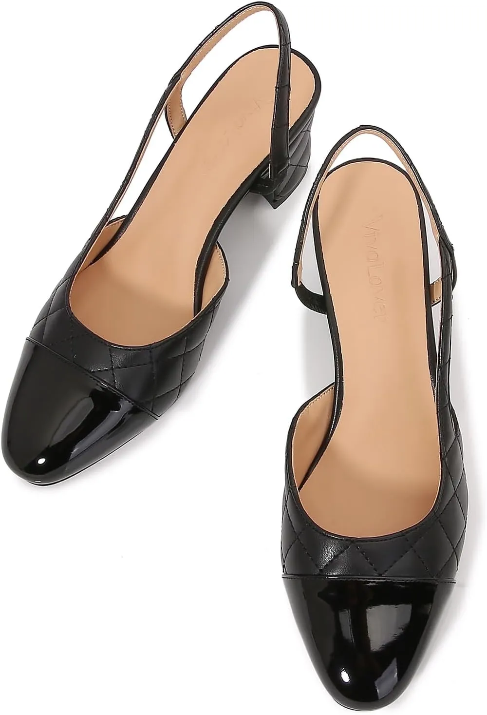 Slingback Pumps Women Chunky Heels Round Toe Two Tone Retro Splicing Office Shoes for Dress Party Wedding