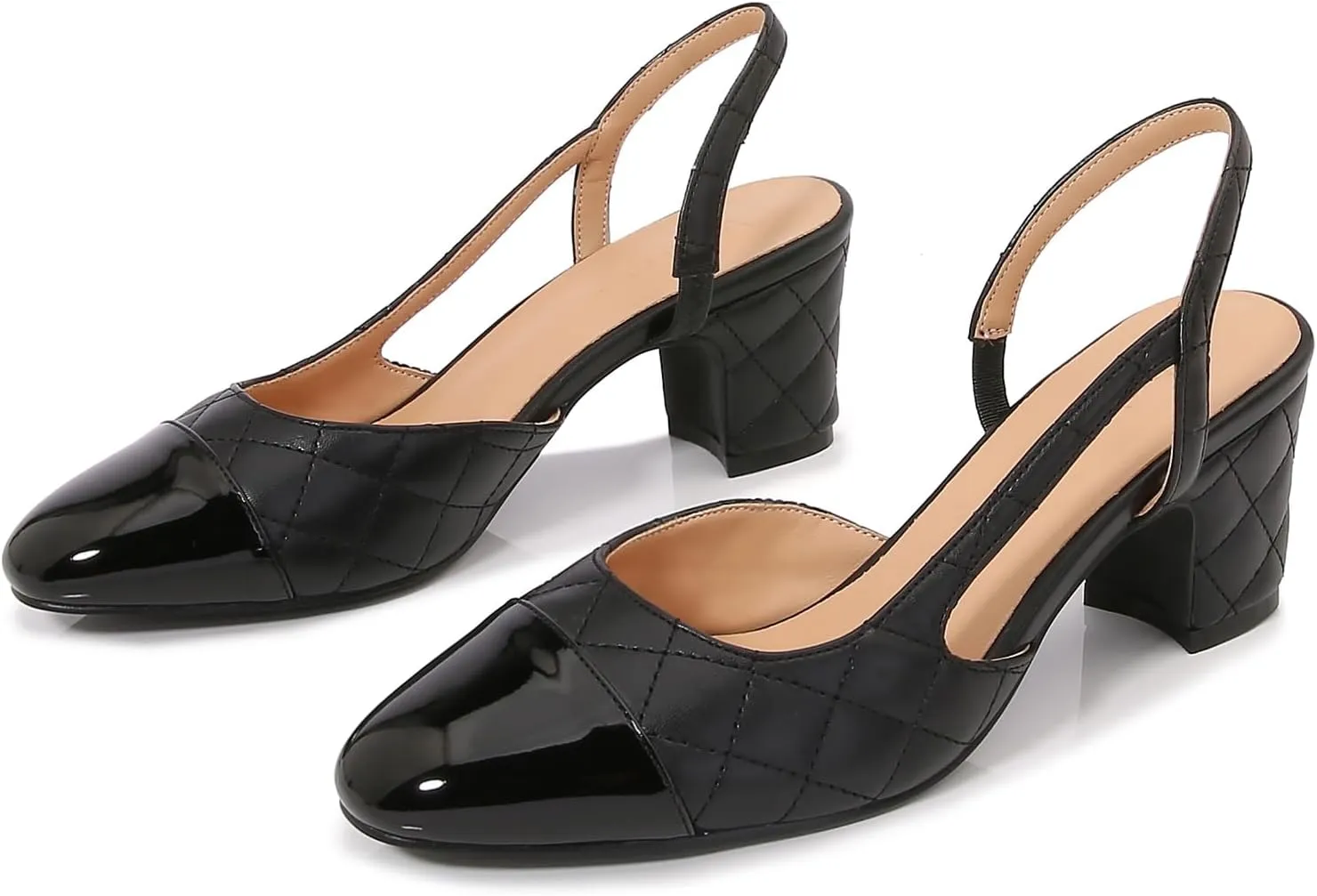 Slingback Pumps Women Chunky Heels Round Toe Two Tone Retro Splicing Office Shoes for Dress Party Wedding