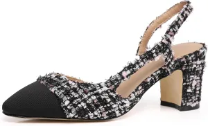 Slingback Pumps Women Chunky Heels Round Toe Two Tone Retro Splicing Office Shoes for Dress Party Wedding