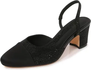 Slingback Pumps Women Chunky Heels Round Toe Two Tone Retro Splicing Office Shoes for Dress Party Wedding