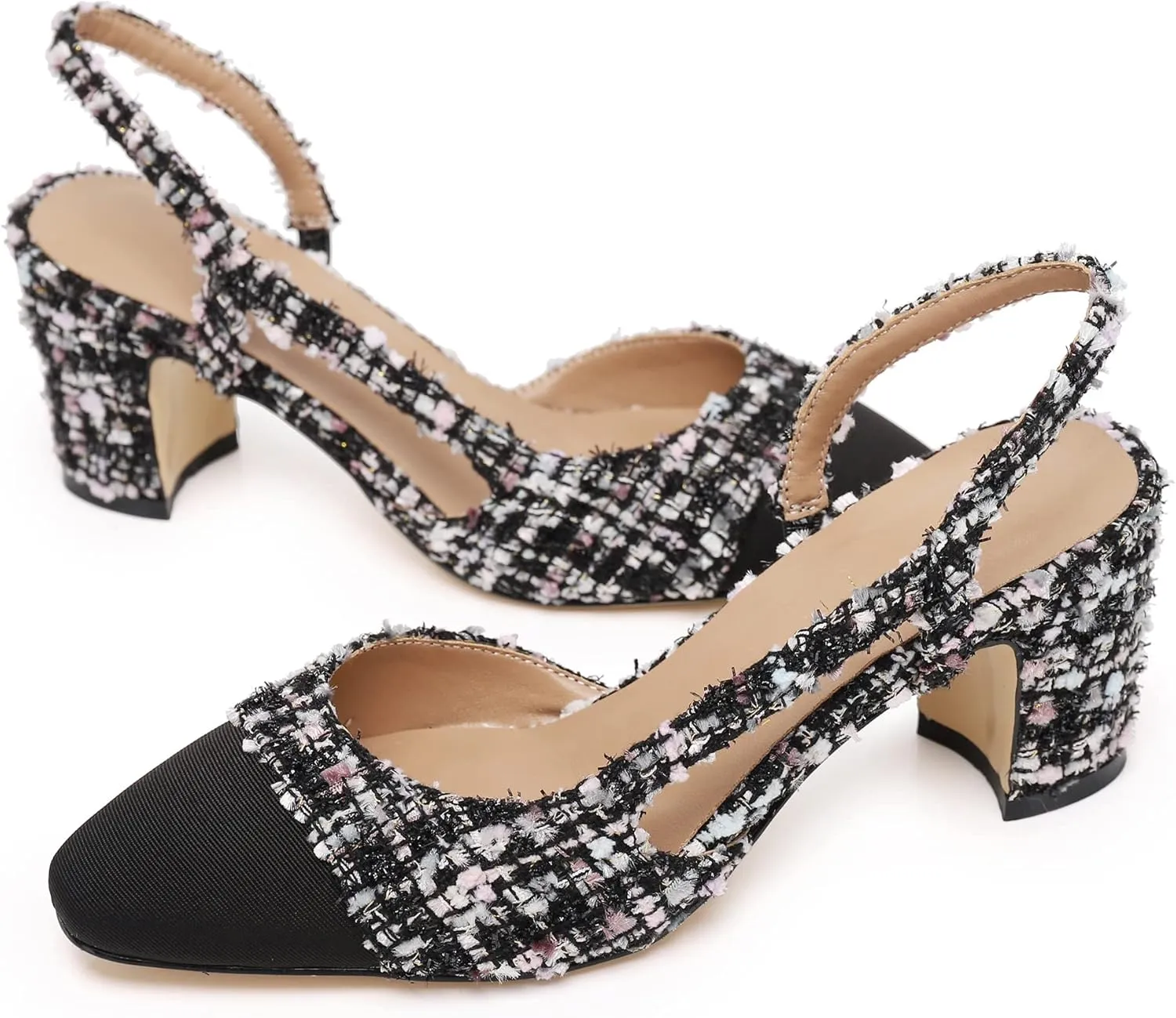 Slingback Pumps Women Chunky Heels Round Toe Two Tone Retro Splicing Office Shoes for Dress Party Wedding
