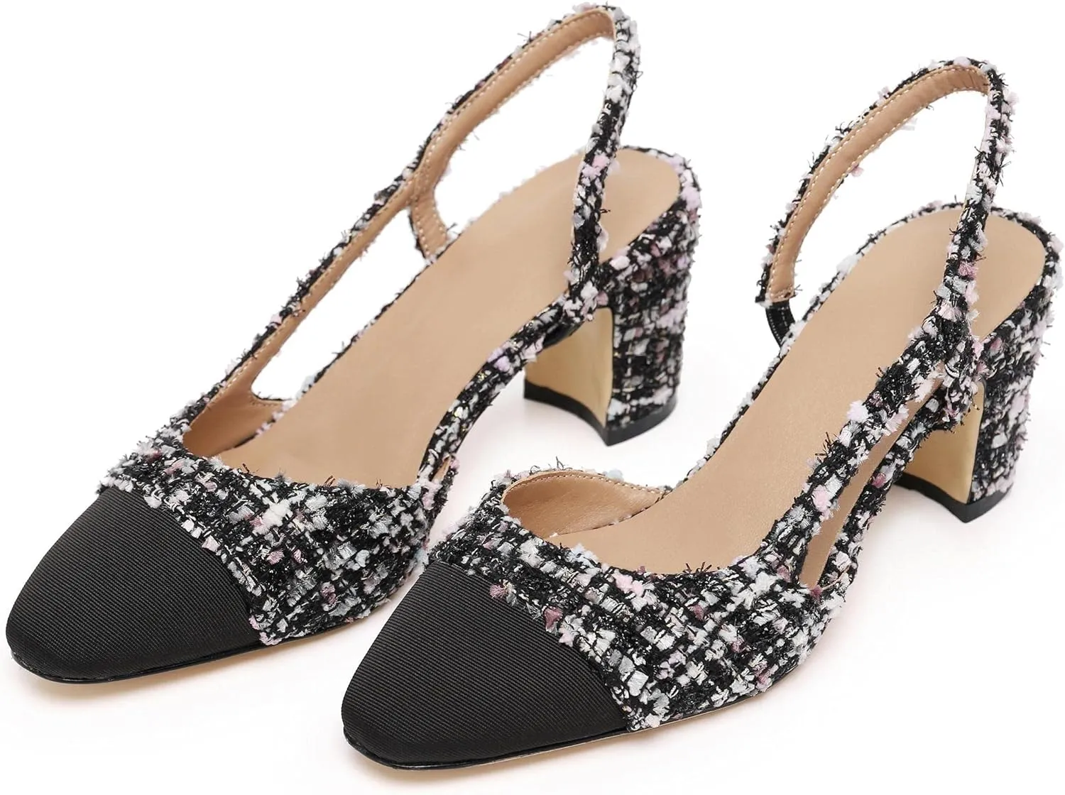 Slingback Pumps Women Chunky Heels Round Toe Two Tone Retro Splicing Office Shoes for Dress Party Wedding