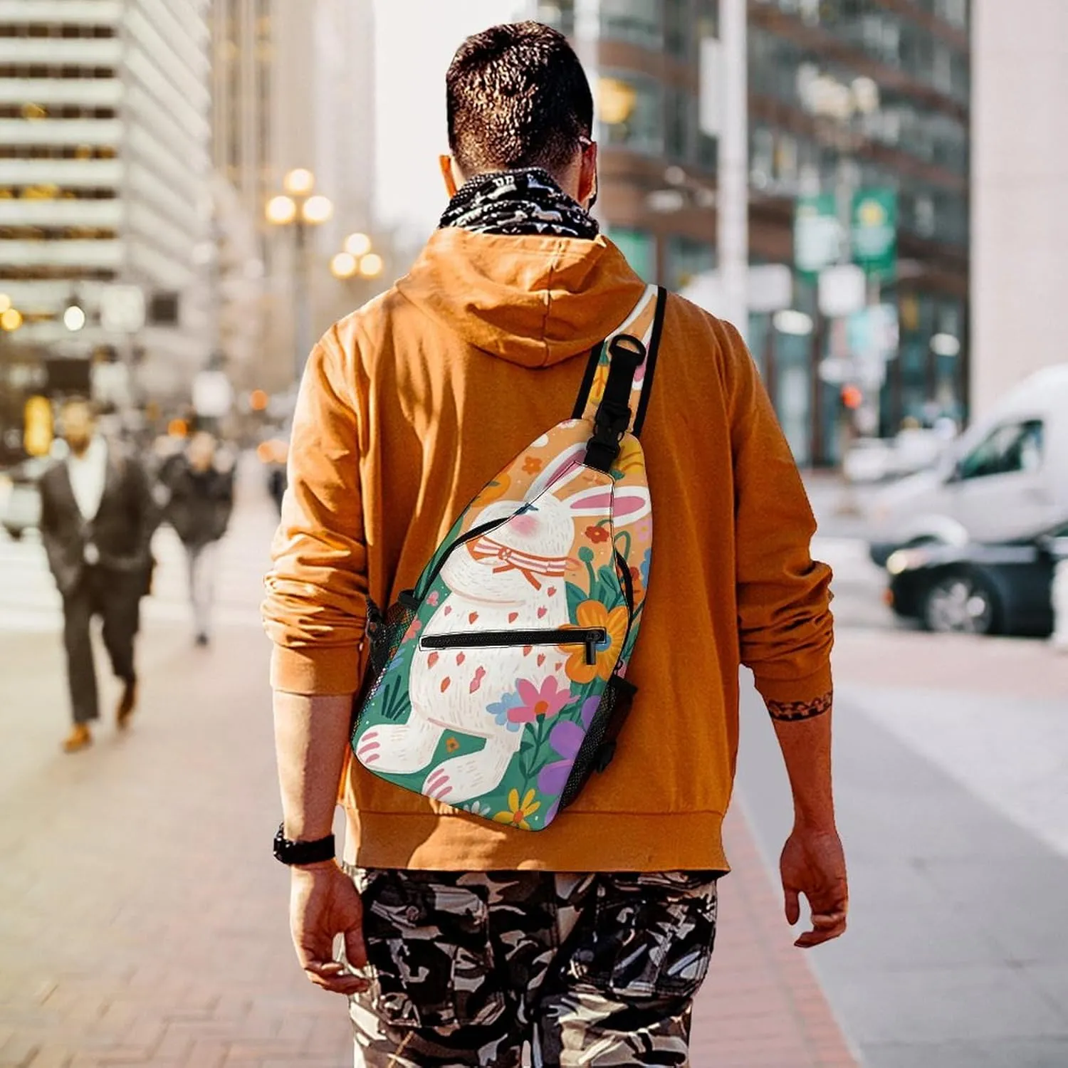 Small Crossbody Sling Backpack Flowers Bunnies Birds Chest Bags for Traveling Chest Fashion Shoulder Bag