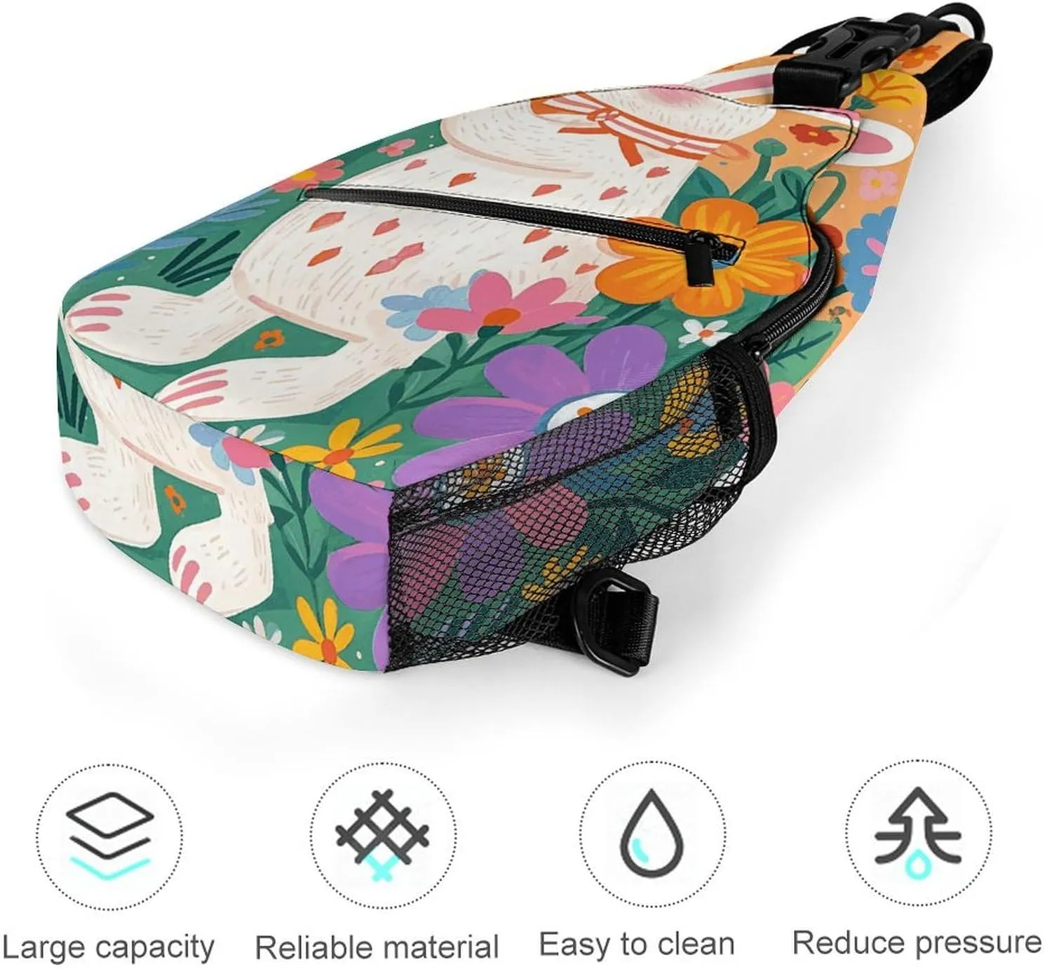 Small Crossbody Sling Backpack Flowers Bunnies Birds Chest Bags for Traveling Chest Fashion Shoulder Bag