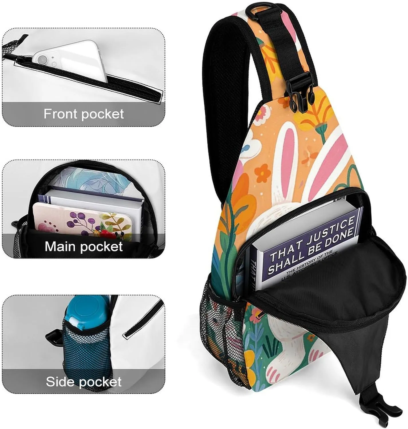 Small Crossbody Sling Backpack Flowers Bunnies Birds Chest Bags for Traveling Chest Fashion Shoulder Bag