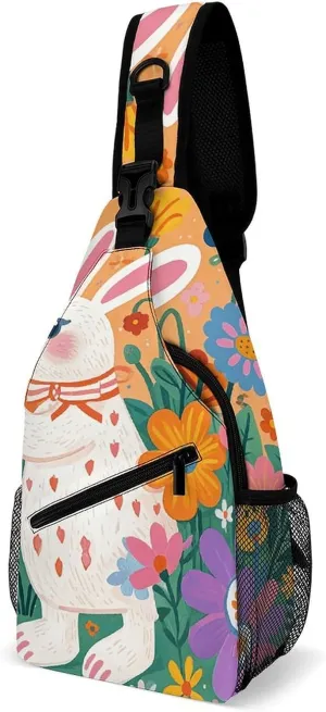 Small Crossbody Sling Backpack Flowers Bunnies Birds Chest Bags for Traveling Chest Fashion Shoulder Bag