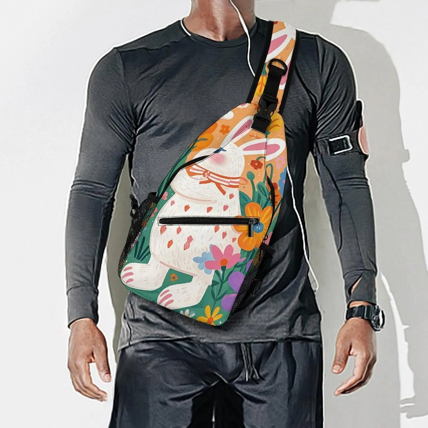 Small Crossbody Sling Backpack Flowers Bunnies Birds Chest Bags for Traveling Chest Fashion Shoulder Bag