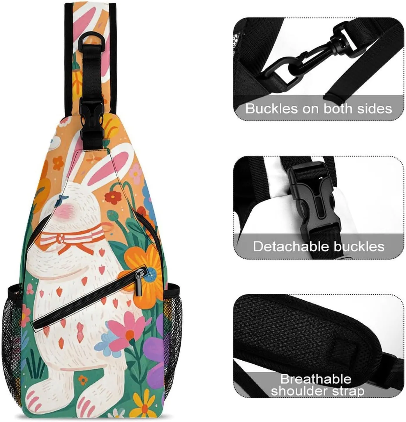Small Crossbody Sling Backpack Flowers Bunnies Birds Chest Bags for Traveling Chest Fashion Shoulder Bag
