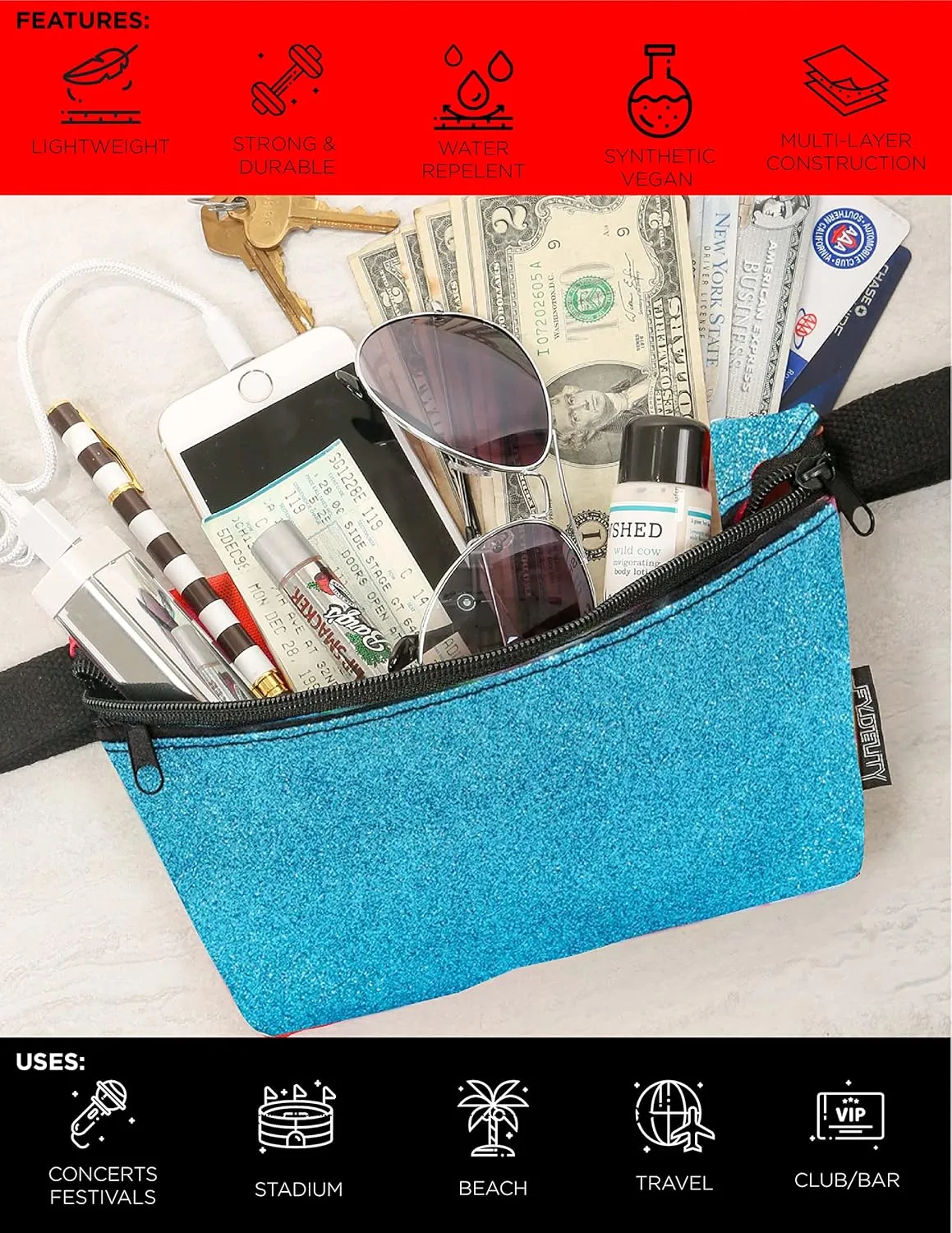 Small Fanny Packs for Women – 80s/90s Holographic Bum Bag – Unisex Retro Neon Crossbody Waist Belt Bag for Travel, Festivals & Daily Use – Waist Belt Bag for Women | Dazzler Blue Glitter