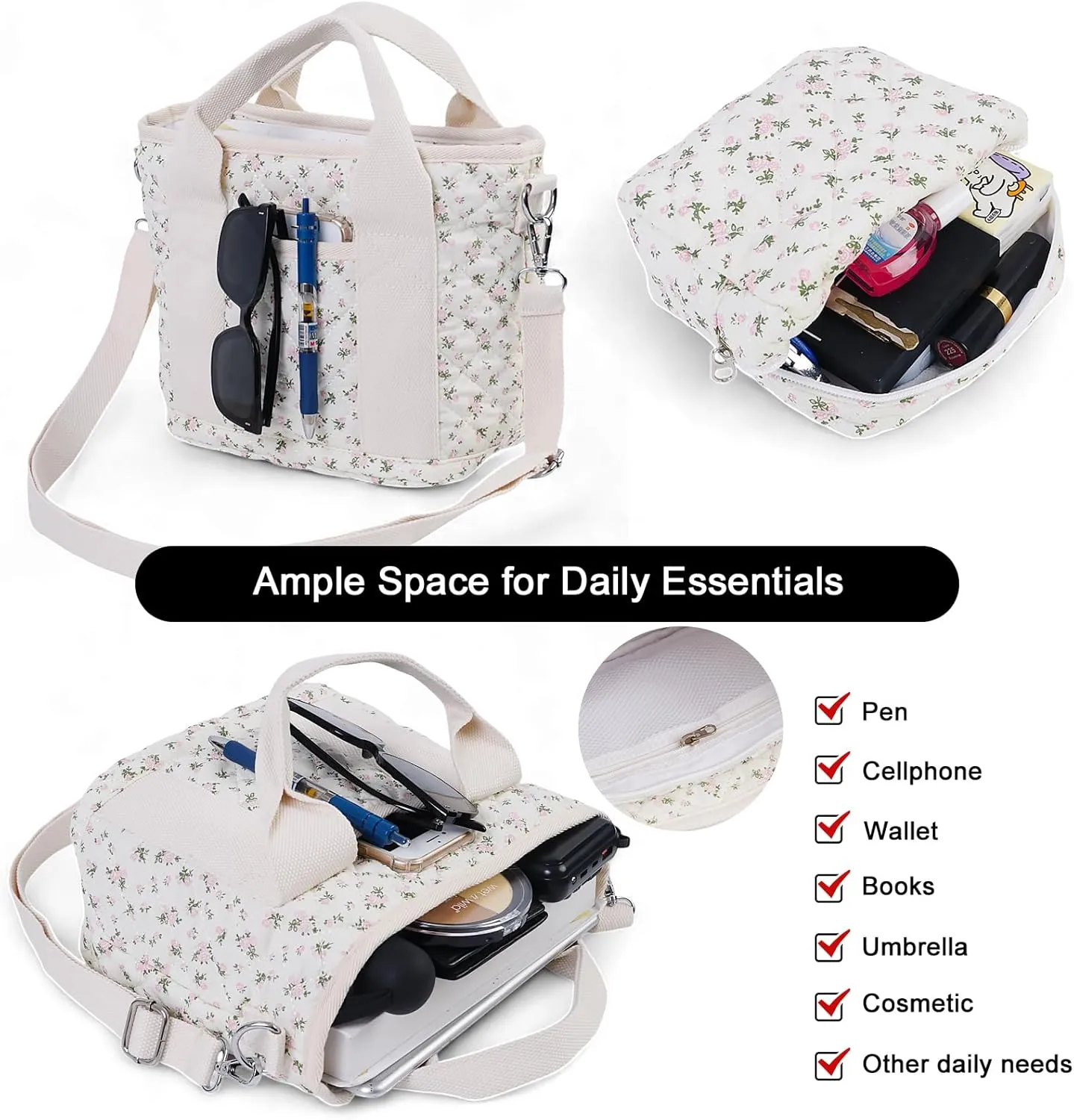 Small Floral Quilted Tote Bag for Women, Cute Crossbody Shoulder Purse with Pockets, Everyday Handbags