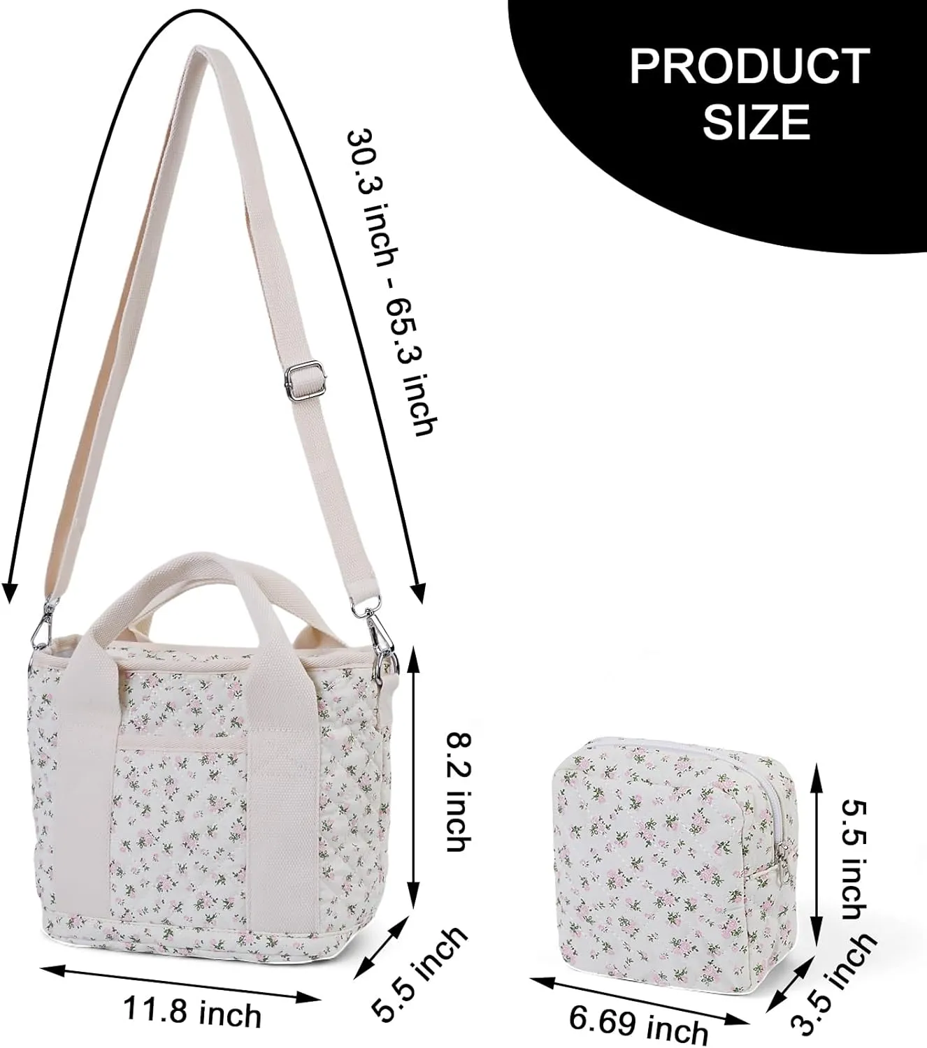 Small Floral Quilted Tote Bag for Women, Cute Crossbody Shoulder Purse with Pockets, Everyday Handbags