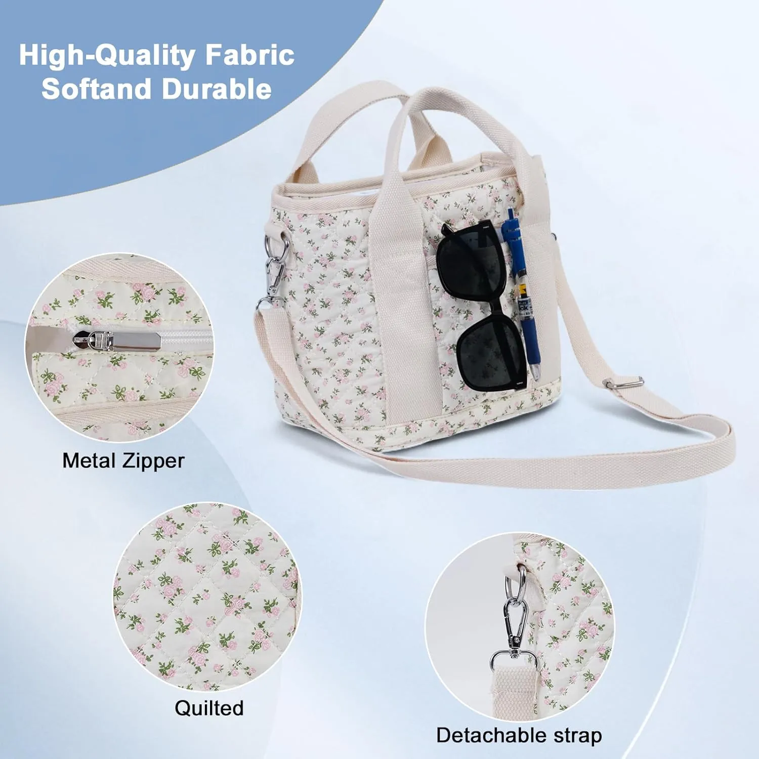 Small Floral Quilted Tote Bag for Women, Cute Crossbody Shoulder Purse with Pockets, Everyday Handbags