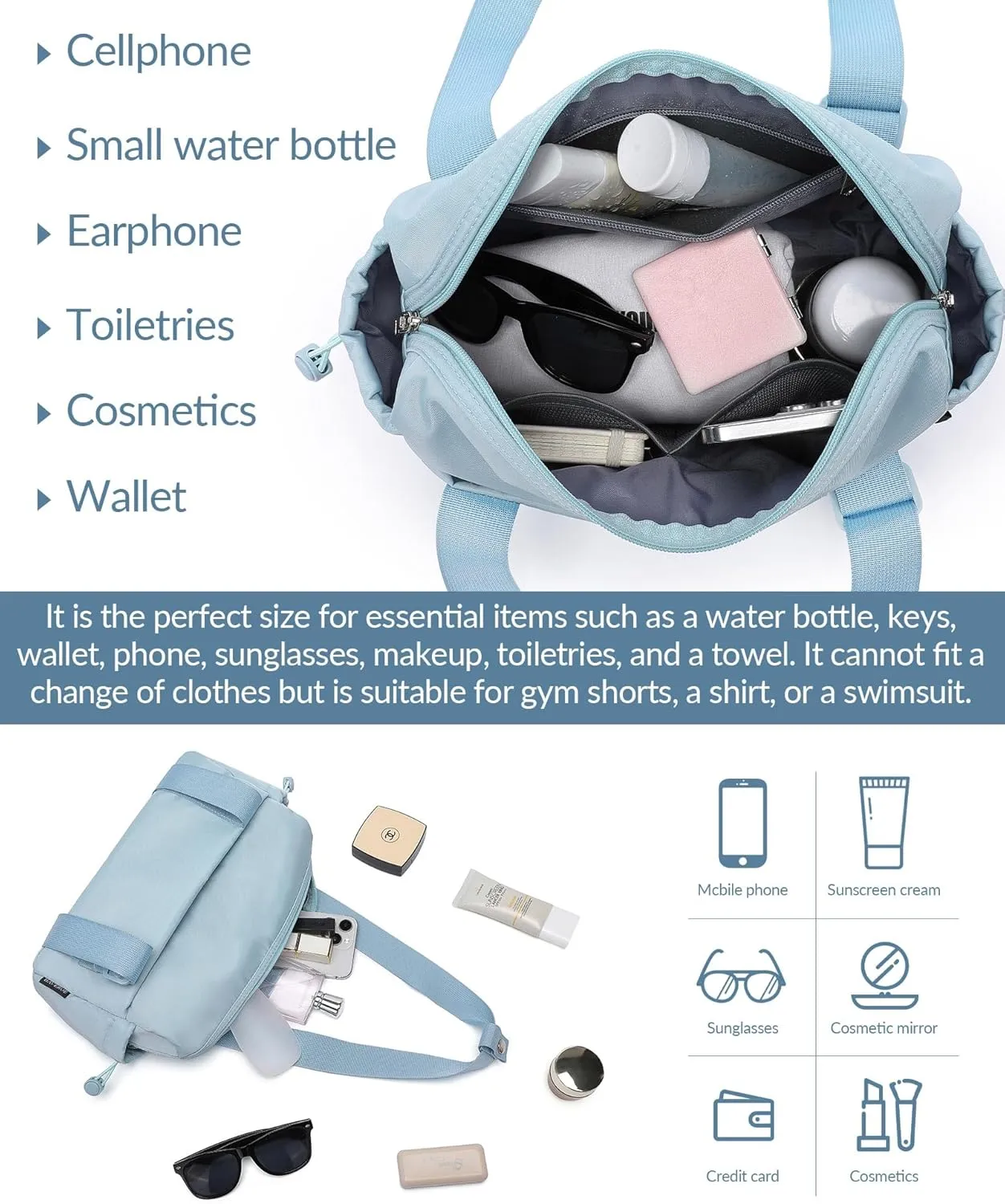 Small Gym Bag for Women Mini Duffle Bag with Wet Compartment, Lightweight Waterproof Cute Tote for Girls Workout Sport Travel,Light Blue