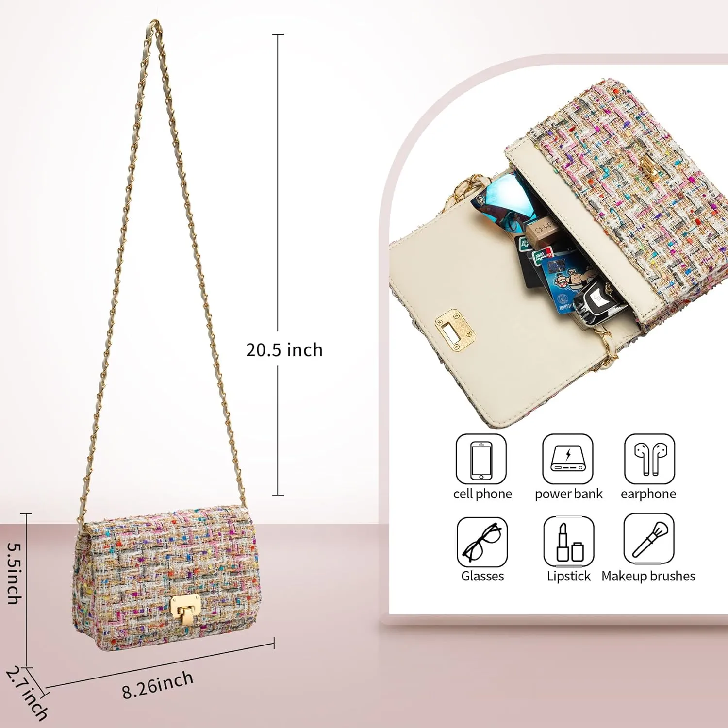 Small Quilted Shoulder Bag for Women Fashion Tweed Mini Clutch Handbag Purses Designer Crossbody Bag, with Chain Strap