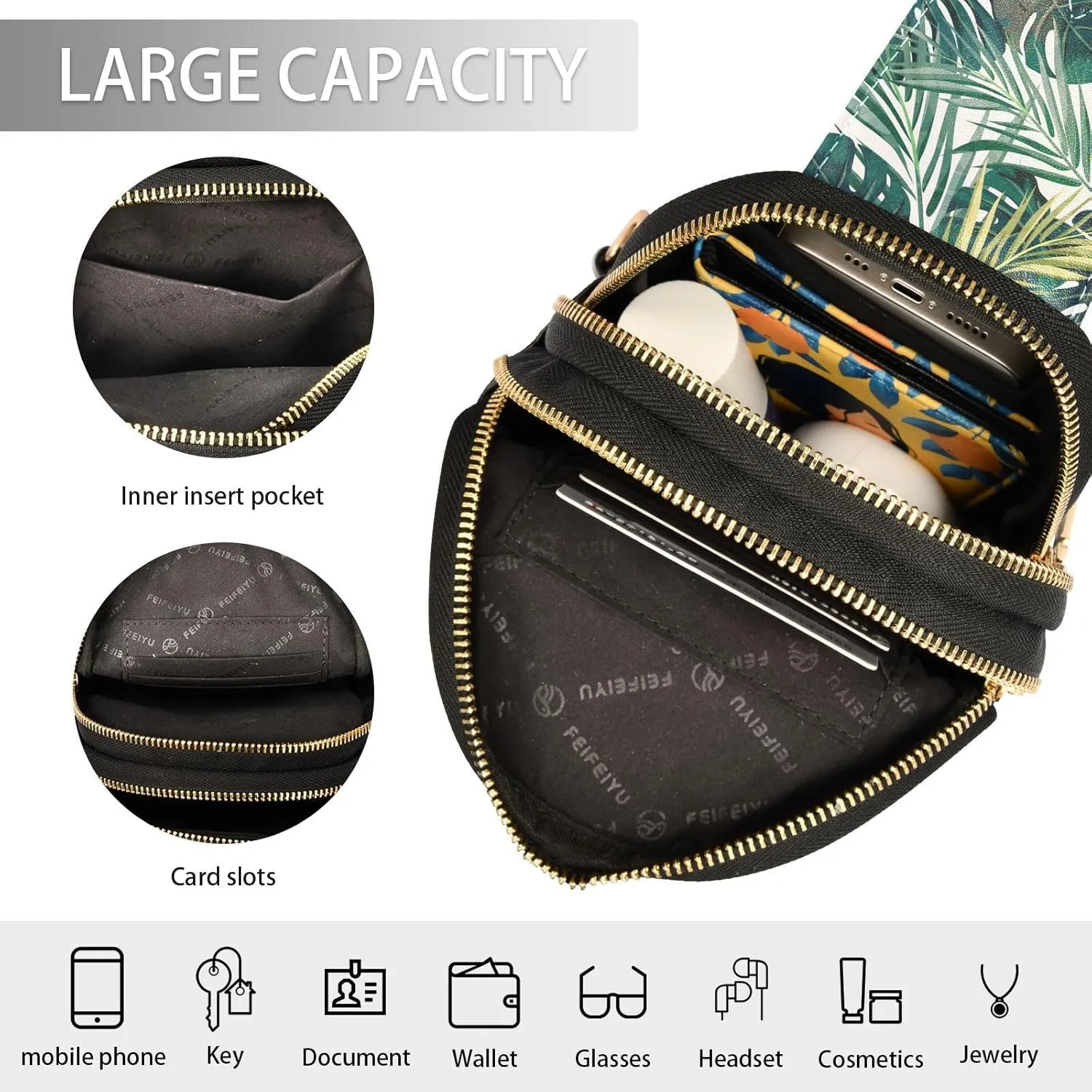Small Sling Bag for Women Floral Palm Leather Fanny Pack Crossbody Bag Hibiscus Tropical Chest Bag Trendy Fashion Waist Packs for Outdoor Travel Sports Hiking