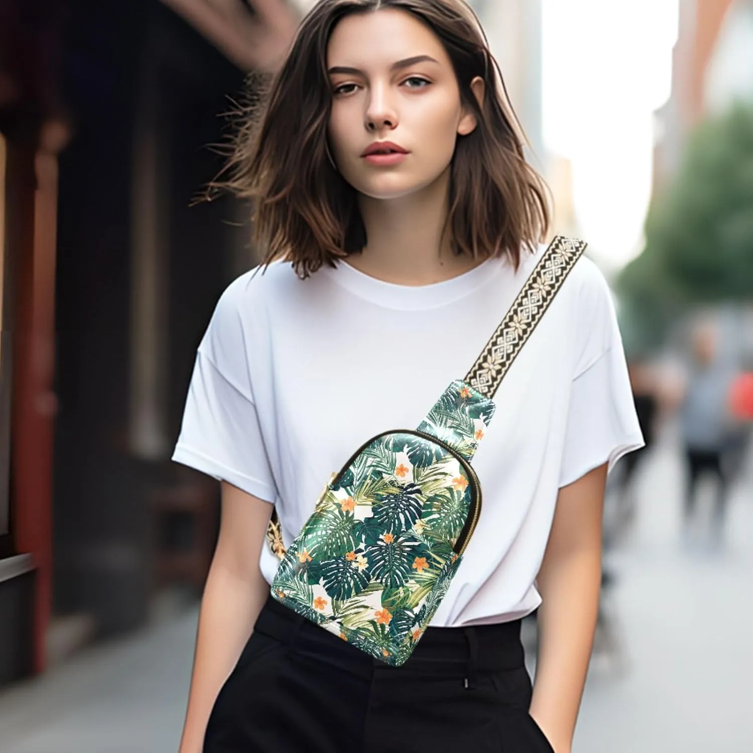 Small Sling Bag for Women Floral Palm Leather Fanny Pack Crossbody Bag Hibiscus Tropical Chest Bag Trendy Fashion Waist Packs for Outdoor Travel Sports Hiking