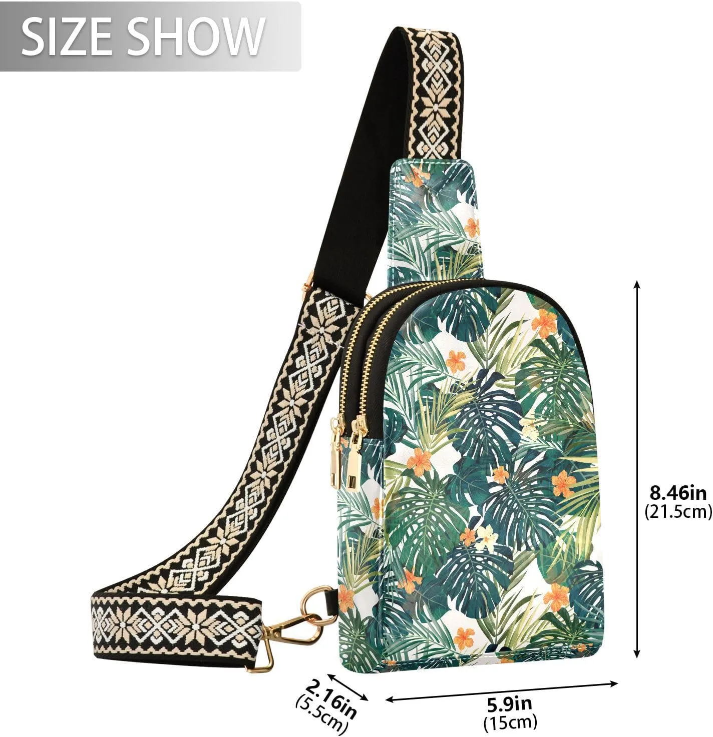 Small Sling Bag for Women Floral Palm Leather Fanny Pack Crossbody Bag Hibiscus Tropical Chest Bag Trendy Fashion Waist Packs for Outdoor Travel Sports Hiking