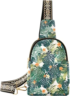 Small Sling Bag for Women Floral Palm Leather Fanny Pack Crossbody Bag Hibiscus Tropical Chest Bag Trendy Fashion Waist Packs for Outdoor Travel Sports Hiking